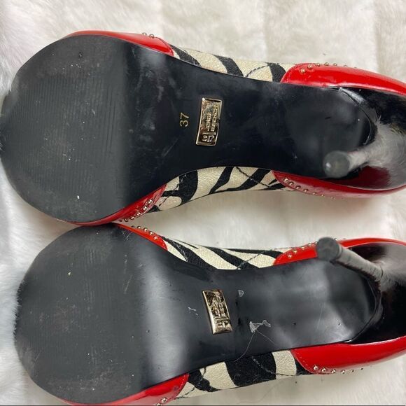 Jorge Bishoff Red patent leather,black white stripes textile peep toe he… - Picture 9 of 10